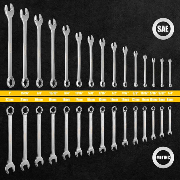 Combination Wrench Set, SAE&Metric, 30-piece, 1/4'' to 1'' & 8-22mm, 12-Point, Chrome Vanadium Steel, with Plastic Tray