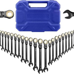 22-piece Ratcheting Wrench Set with 180° Flex Head, Anti-Slip Tooth, Combination Wrench Sets with Organizer Box, Metric 6-18mm & SAE 1/4-3/4", Black Electrophoretic Coating