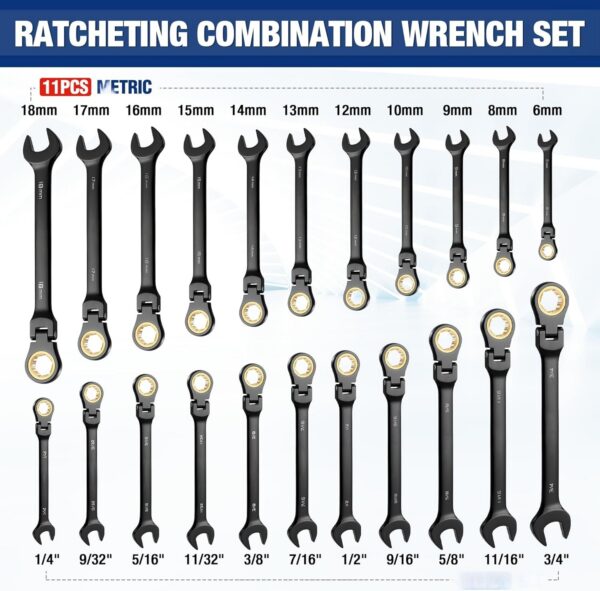 22-piece Ratcheting Wrench Set with 180° Flex Head, Anti-Slip Tooth, Combination Wrench Sets with Organizer Box, Metric 6-18mm & SAE 1/4-3/4", Black Electrophoretic Coating